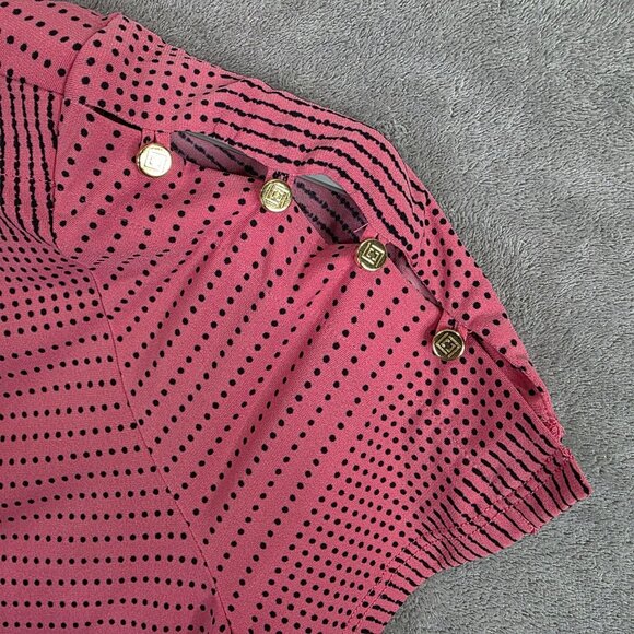 Womens Liz Claiborn Pink & Black Polka Dot Top Open Button Sleeve Polyester M - Picture 4 of 8